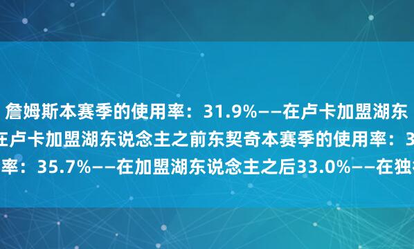 詹姆斯本赛季的使用率：　　31.9%——在卢卡加盟湖东说念主之后　　30.8%——在卢卡加盟湖东说念主之前　　东契奇本赛季的使用率：　　35.7%——在加盟湖东说念主之后　　33.0%——在独行侠    体育赛事直播